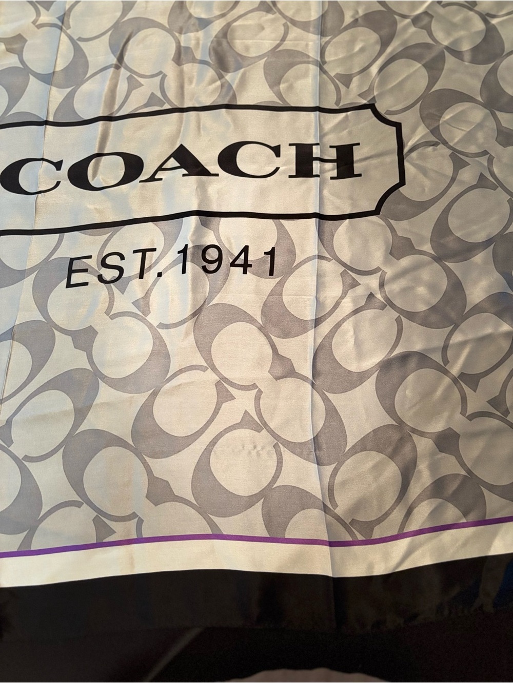 COACH Gray and Black Logo Silk Scarf with Purple Trim - Picture 4 of 6